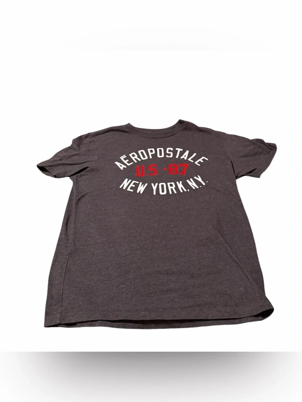 Aeropostale Men's Dark Charcoal Graphic Tee with Red and White Print